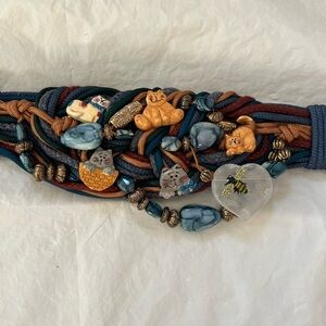 Rebecca’s Handmade Braided Belt 37.5” Beaded Animal Figurines Boho Folk Art EUC